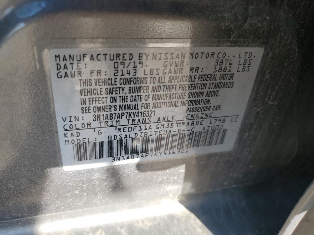 2019 Nissan Sentra S VIN: 3N1AB7AP7KY416321 Lot: 86414545