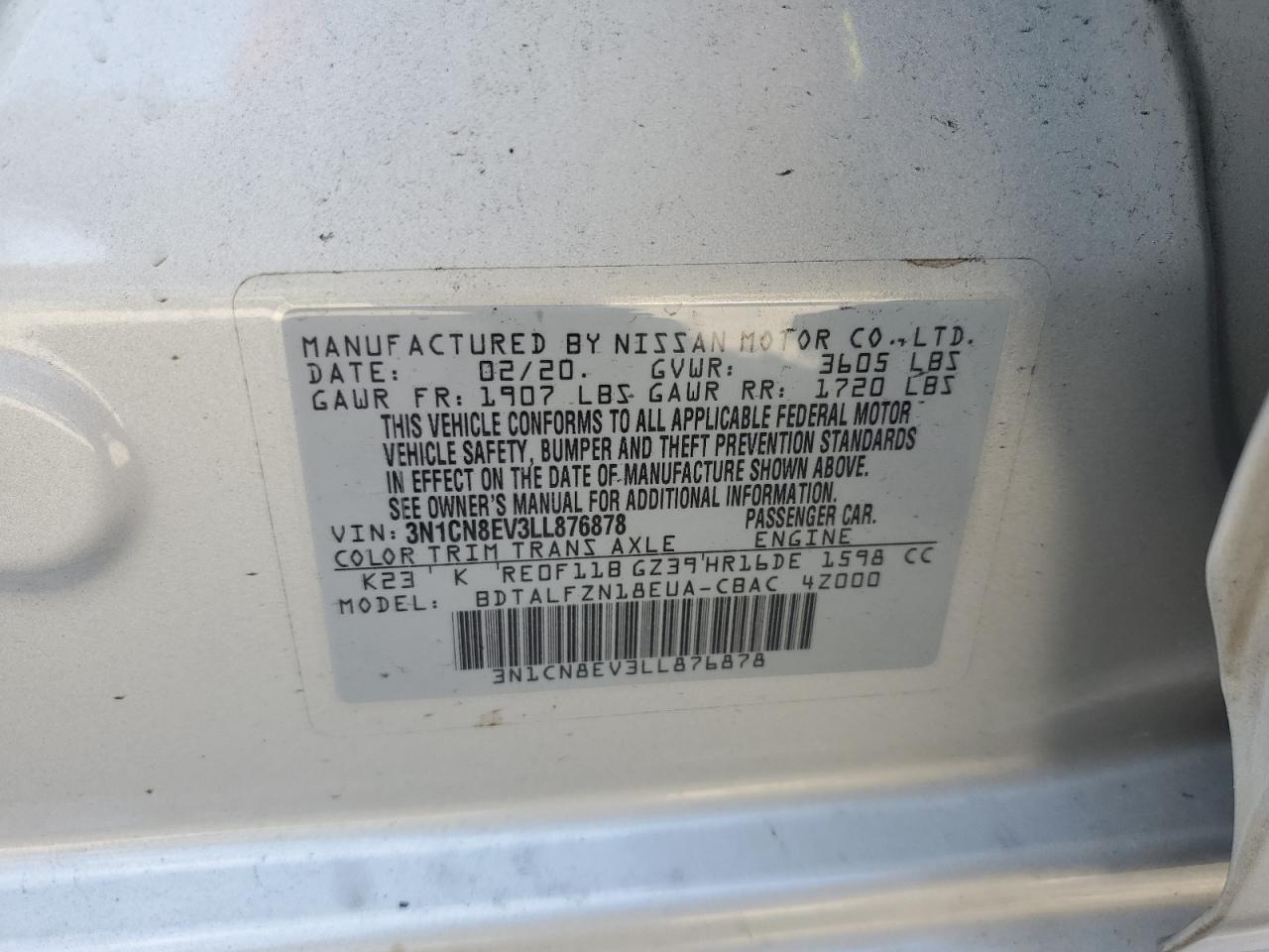 2020 Nissan Versa Sv VIN: 3N1CN8EV3LL876878 Lot: 84967505