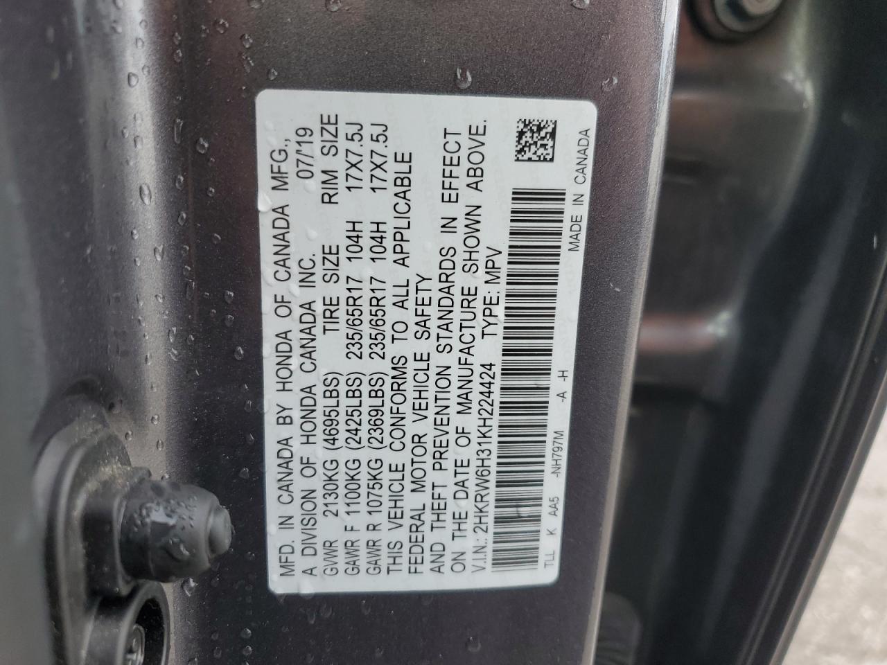 2019 Honda Cr-V Lx VIN: 2HKRW6H31KH224424 Lot: 85558955