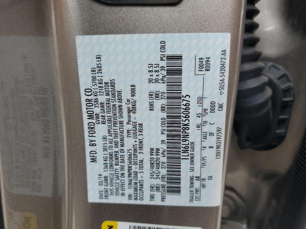 2019 Lincoln Continental Reserve VIN: 1LN6L9NP8K5606675 Lot: 90016095