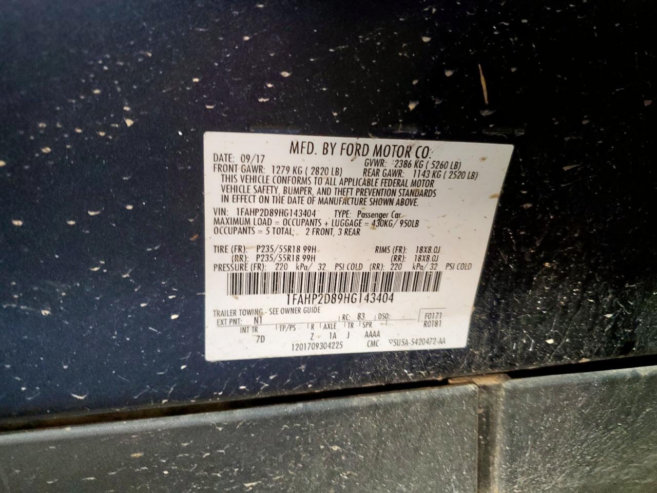 2017 Ford Taurus Se VIN: 1FAHP2D89HG143404 Lot: 43411471