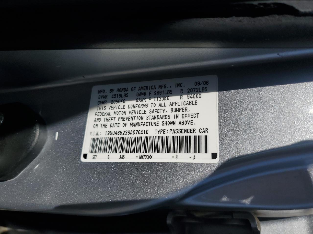2006 Acura 3.2Tl VIN: 19UUA66236A076410 Lot: 82371705