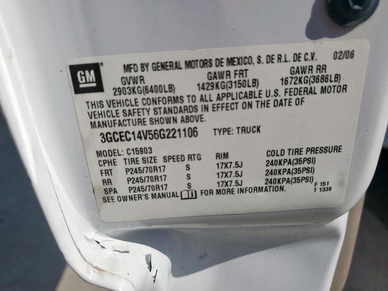 2006 Chevrolet Silverado C1500 VIN: 3GCEC14V56G221106 Lot: 82187315