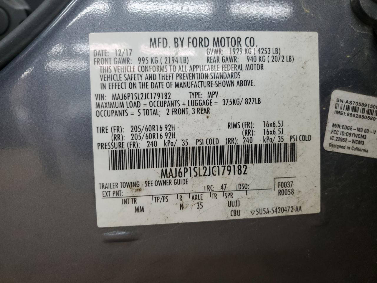 2018 Ford Ecosport S VIN: MAJ6P1SL2JC179182 Lot: 86177865