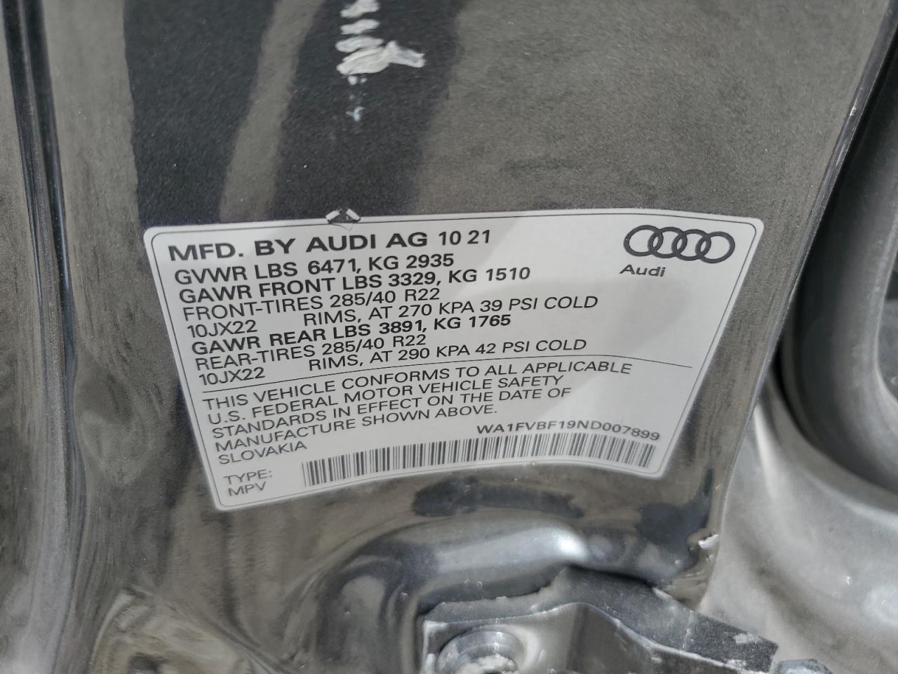 2022 Audi Q8 Prestige S-Line VIN: WA1FVBF19ND007899 Lot: 86879645