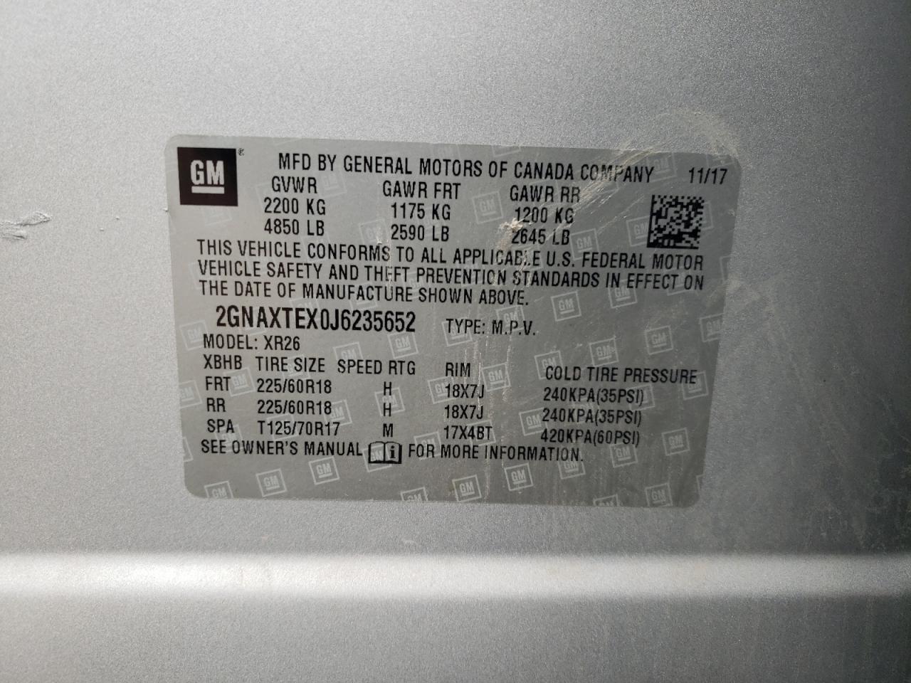 2018 Chevrolet Equinox Lt VIN: 2GNAXTEX0J6235652 Lot: 85877145