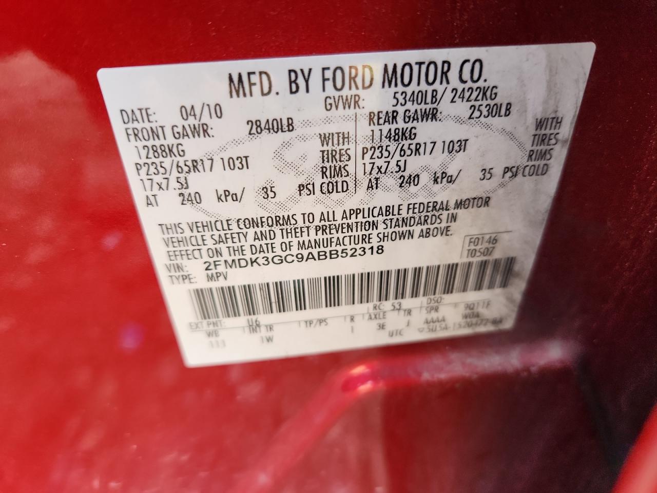 2010 Ford Edge Se VIN: 2FMDK3GC9ABB52318 Lot: 82347015