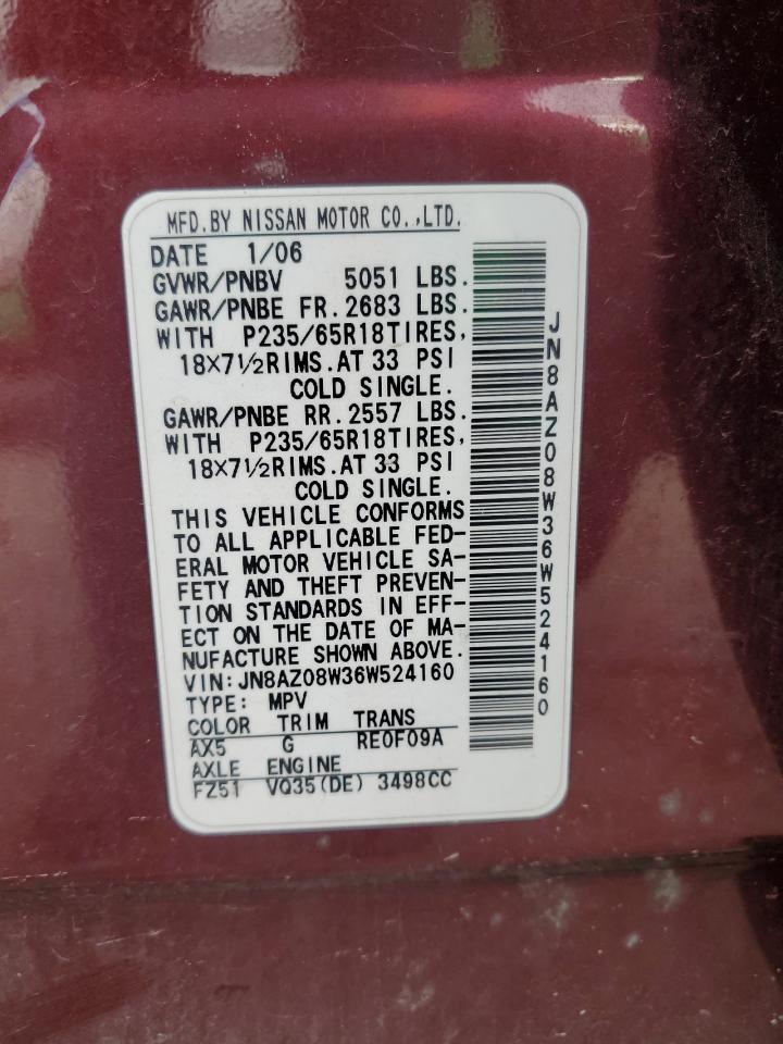 2006 Nissan Murano Sl VIN: JN8AZ08W36W524160 Lot: 85649755