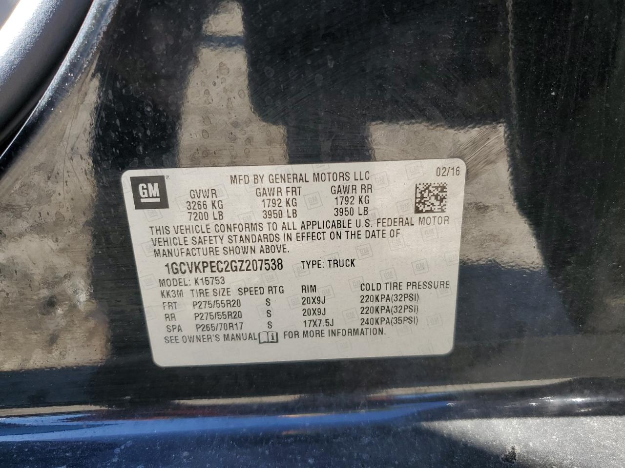 2016 Chevrolet Silverado K1500 Custom VIN: 1GCVKPEC2GZ207538 Lot: 84933985