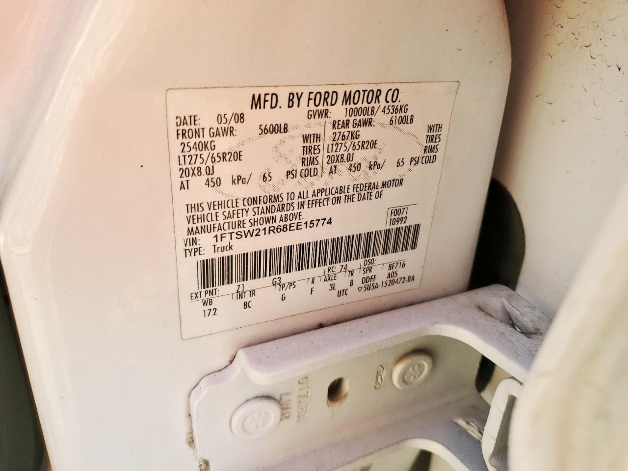 2008 Ford F250 Super Duty VIN: 1FTSW21R68EE15774 Lot: 84983265