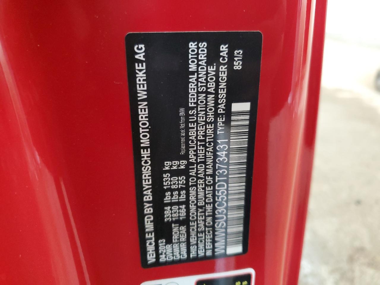 2013 Mini Cooper VIN: WMWSU3C55DT373431 Lot: 85275315