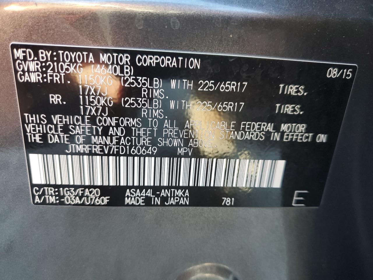 2015 Toyota Rav4 Xle VIN: JTMRFREV7FD160649 Lot: 85285935