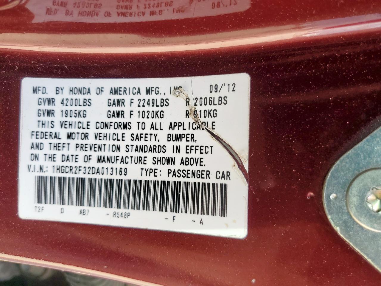 2013 Honda Accord Lx VIN: 1HGCR2F32DA013169 Lot: 86516215