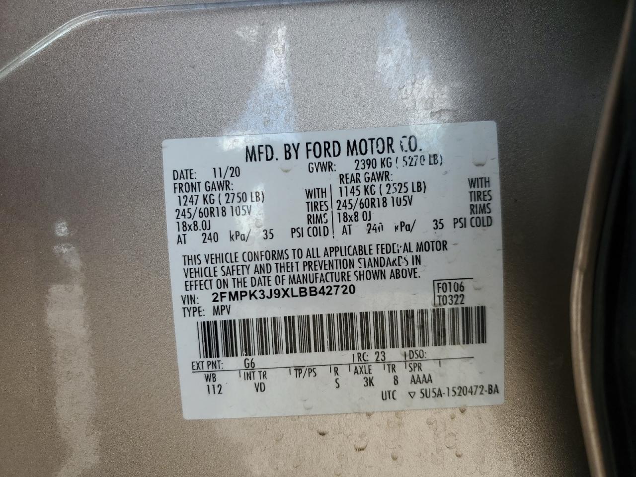 2020 Ford Edge Sel VIN: 2FMPK3J9XLBB42720 Lot: 90468835