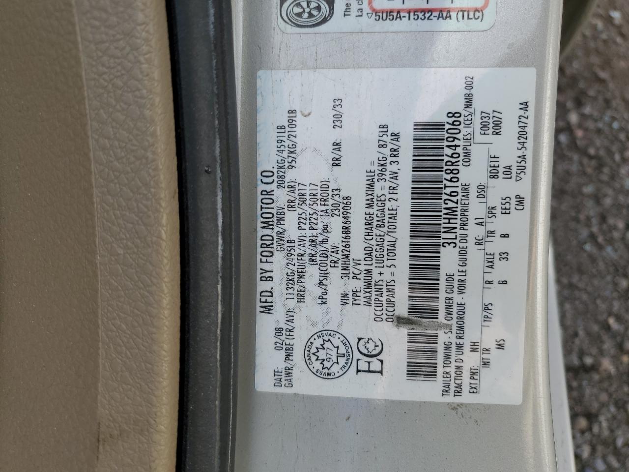 2008 Lincoln Mkz VIN: 3LNHM26T68R649068 Lot: 85528955