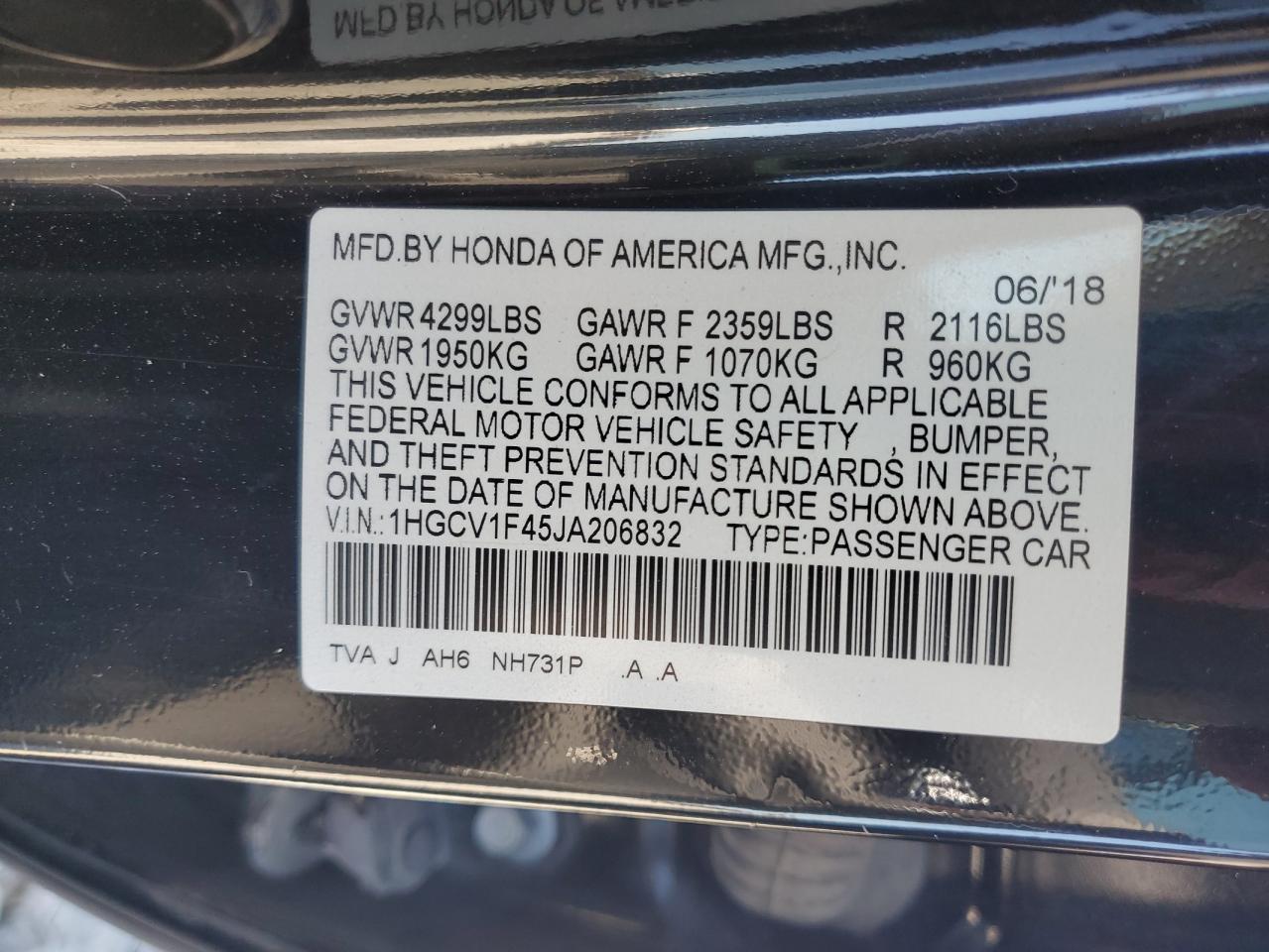 2018 Honda Accord Ex VIN: 1HGCV1F45JA206832 Lot: 84604925