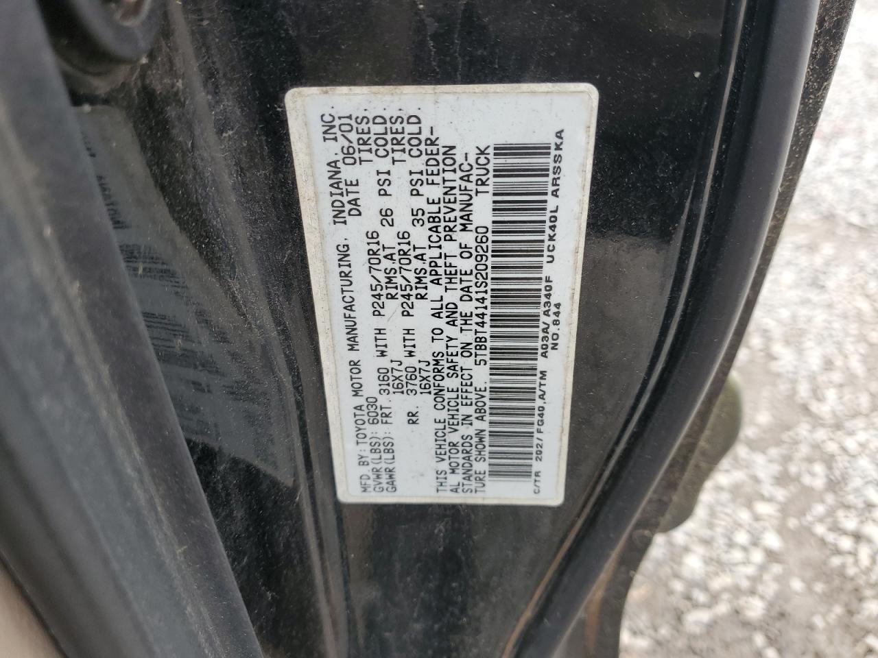 2001 Toyota Tundra Access Cab VIN: 5TBBT44141S209260 Lot: 87418545