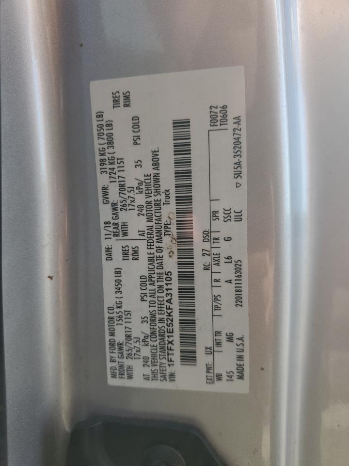 2019 Ford F150 Super Cab VIN: 1FTFX1E52KFA31105 Lot: 84963445