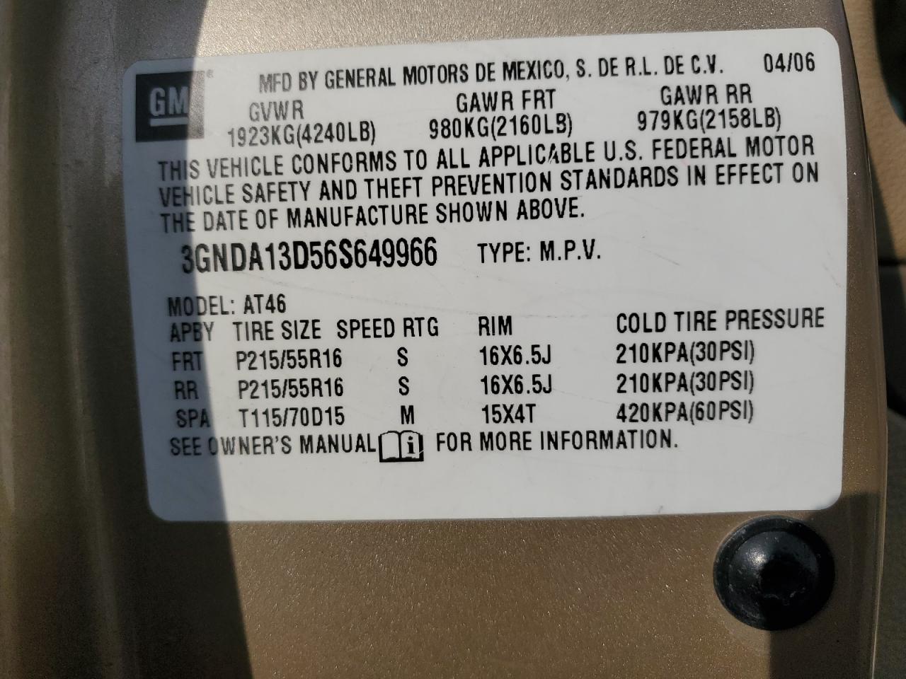 2006 Chevrolet Hhr Ls VIN: 3GNDA13D56S649966 Lot: 89669205