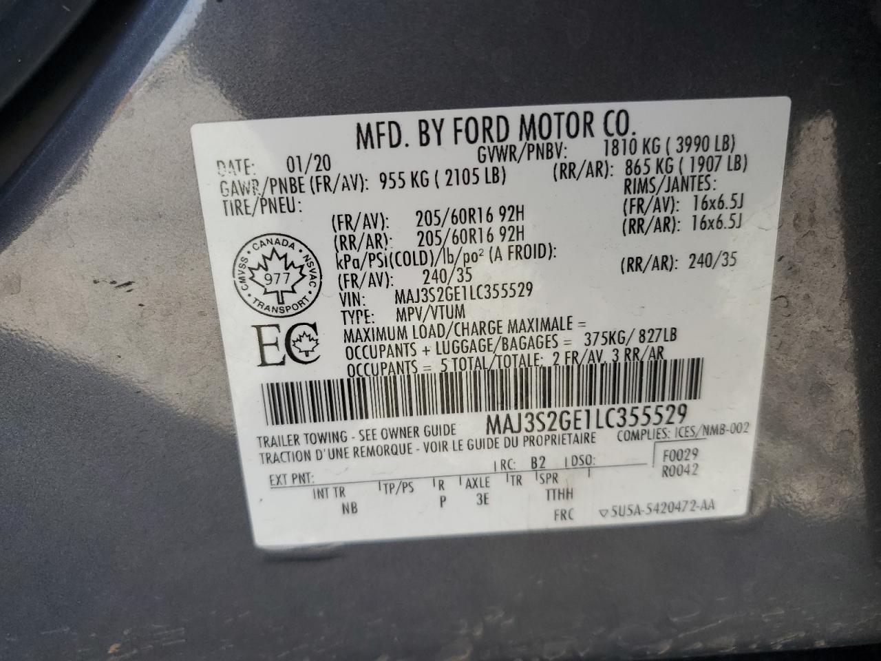 2020 Ford Ecosport Se VIN: MAJ3S2GE1LC355529 Lot: 85924695