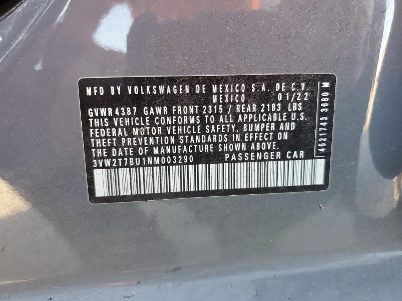 2022 Volkswagen Jetta Gli Autobahn VIN: 3VW2T7BU1NM003290 Lot: 85561535