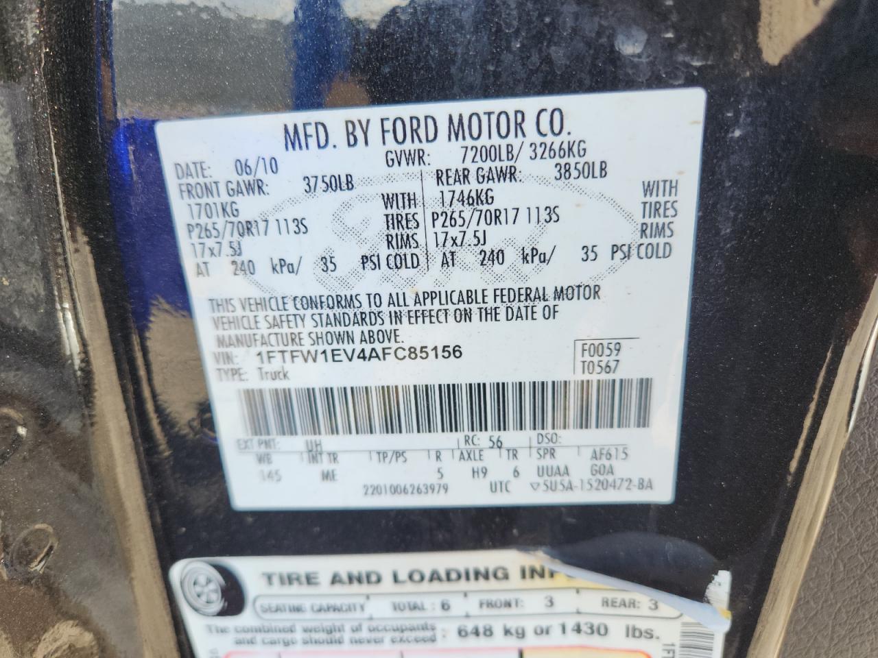 2010 Ford F150 Supercrew VIN: 1FTFW1EV4AFC85156 Lot: 85189765