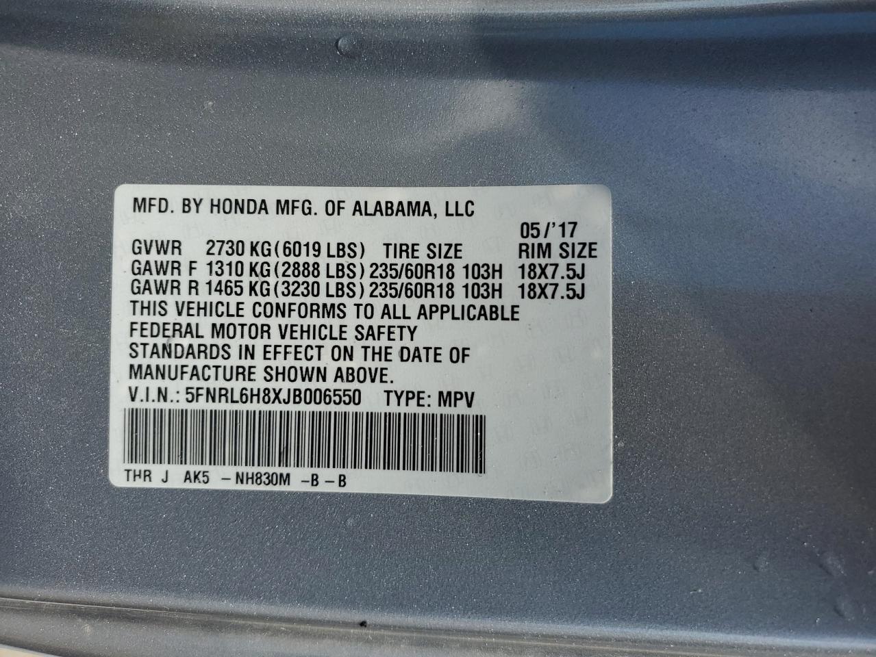 2018 Honda Odyssey Touring VIN: 5FNRL6H8XJB006550 Lot: 85768515