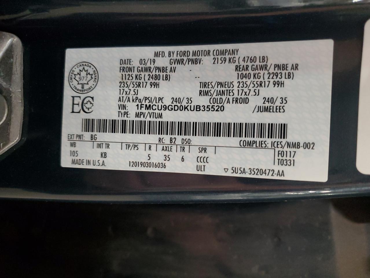 2019 Ford Escape Se VIN: 1FMCU9GD0KUB35520 Lot: 85585955