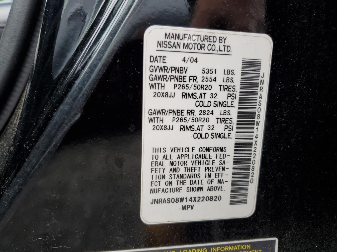 2004 Infiniti Fx35 VIN: JNRAS08W14X220820 Lot: 86482525