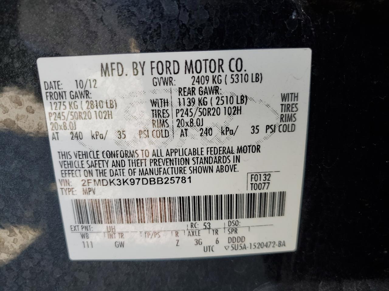 2013 Ford Edge Limited VIN: 2FMDK3K97DBB25781 Lot: 86085905