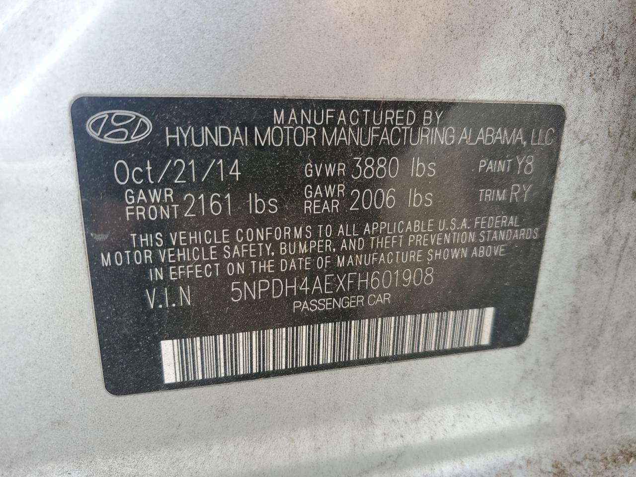 2015 Hyundai Elantra Se VIN: 5NPDH4AEXFH601908 Lot: 85700025