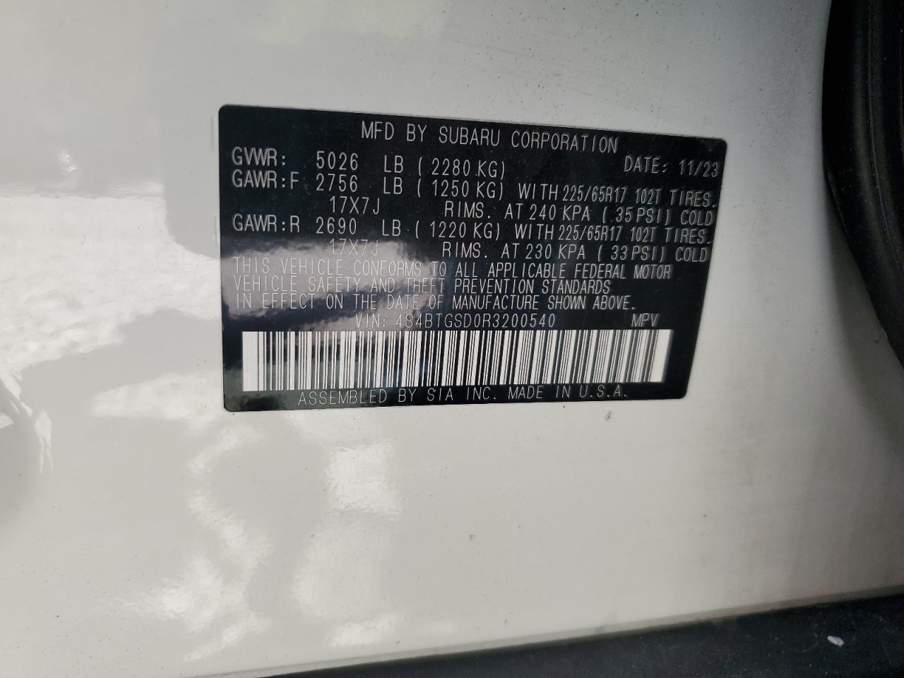 2024 Subaru Outback Wilderness VIN: 4S4BTGSD0R3200540 Lot: 85082695