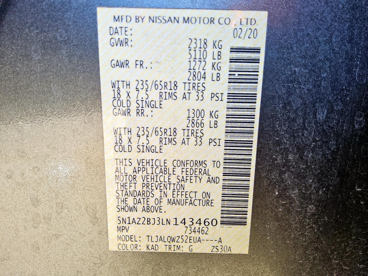 2020 Nissan Murano Sv VIN: 5N1AZ2BJ3LN143460 Lot: 84615695