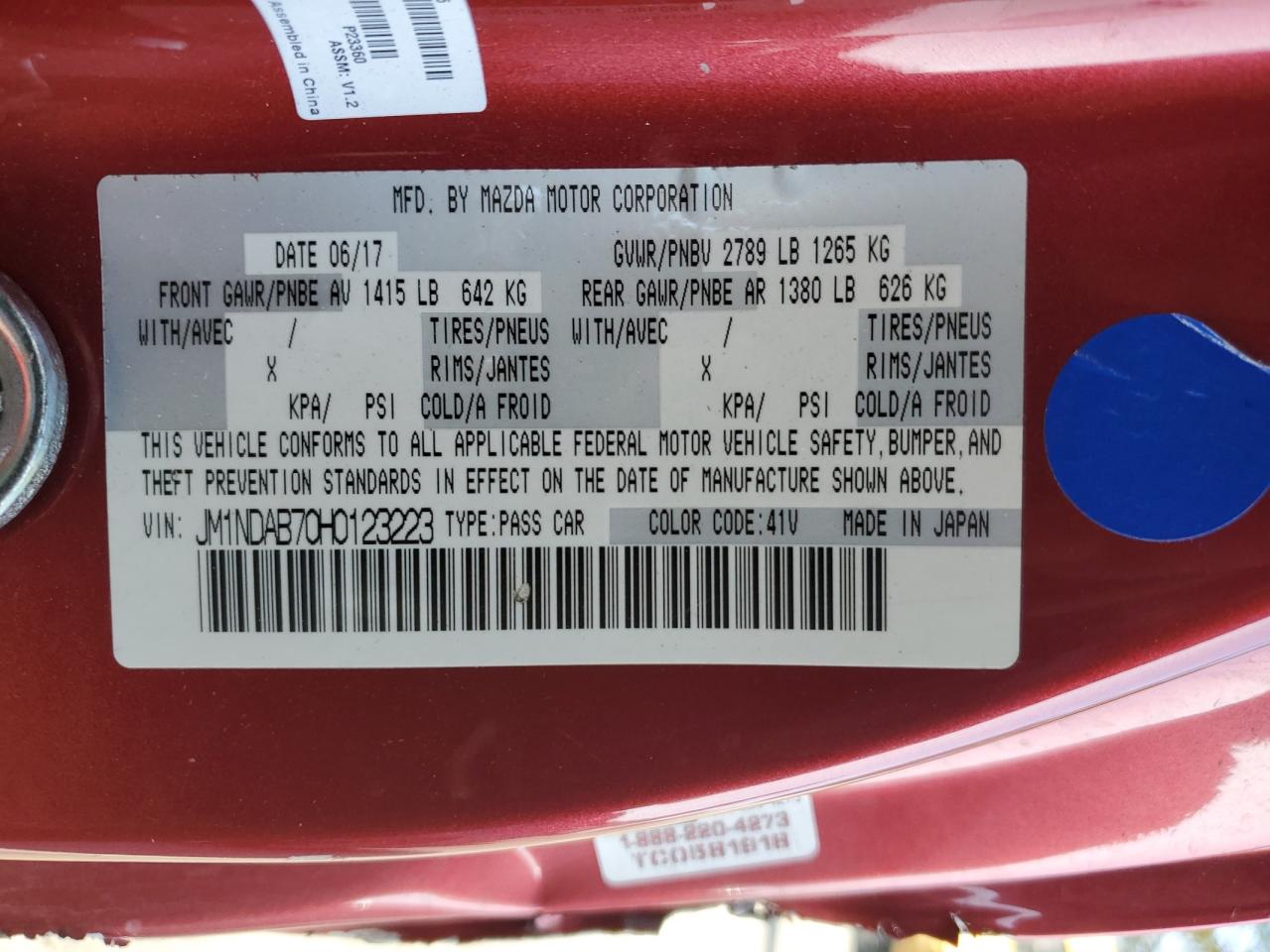 2017 Mazda Mx-5 Miata Sport VIN: JM1NDAB70H0123223 Lot: 85194615