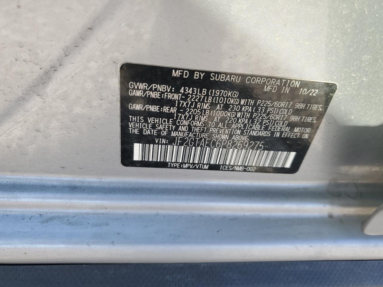 2023 Subaru Crosstrek Premium VIN: JF2GTAEC6P8269275 Lot: 85274015