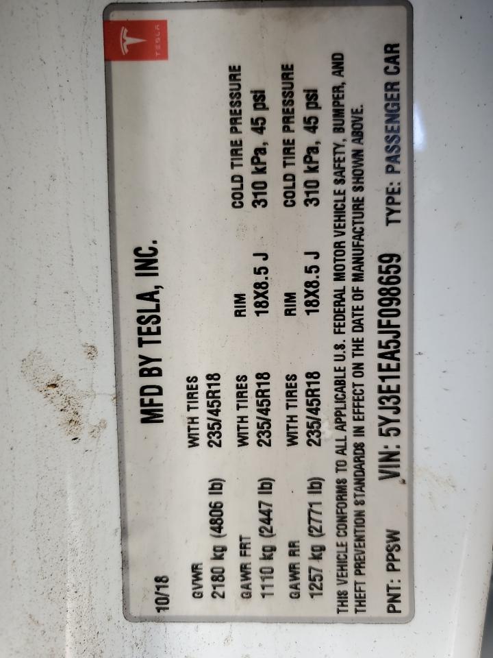 2018 Tesla Model 3 VIN: 5YJ3E1EA5JF098659 Lot: 86194575