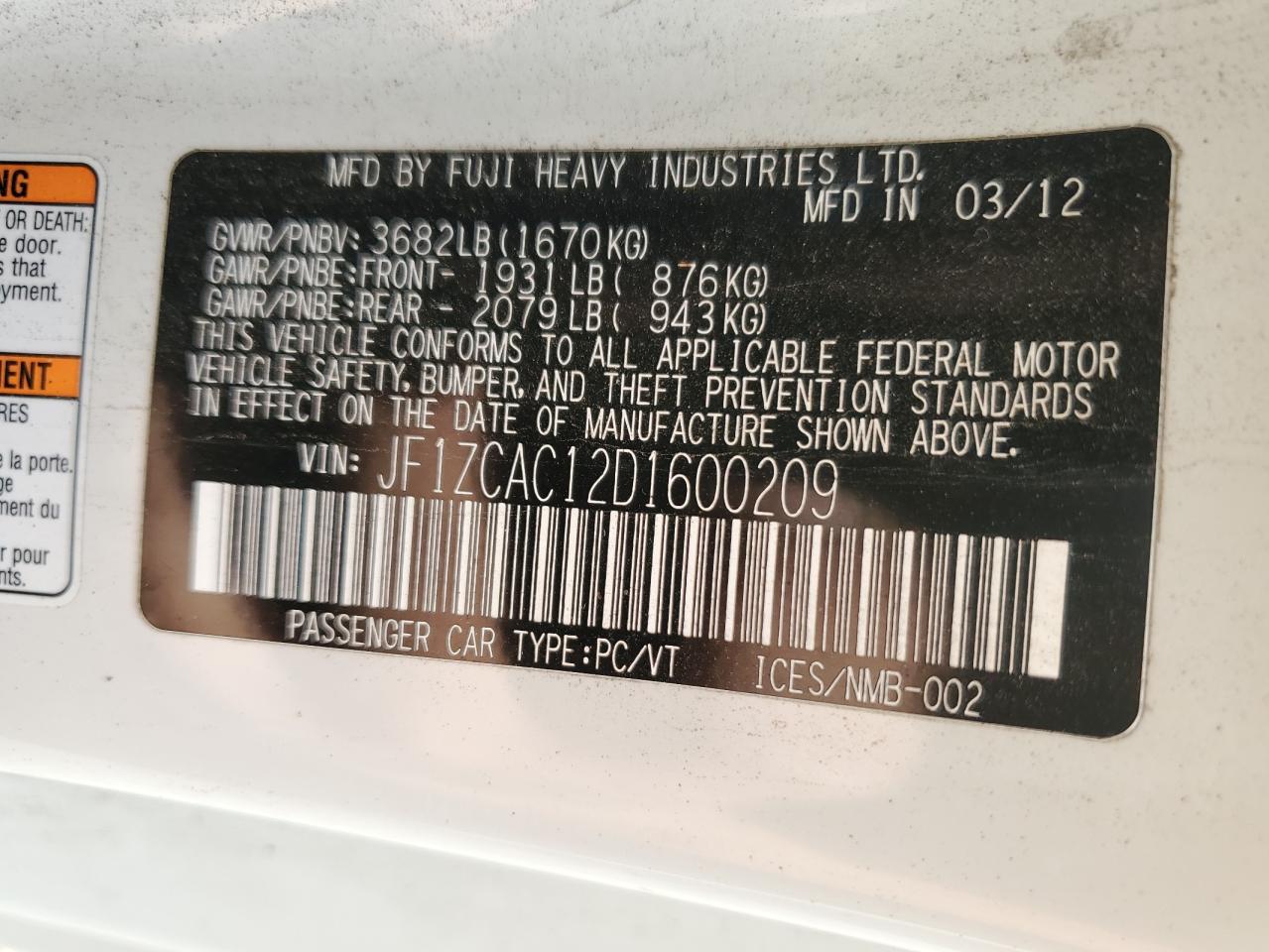 2013 Subaru Brz 2.0 Limited VIN: JF1ZCAC12D1600209 Lot: 87116265