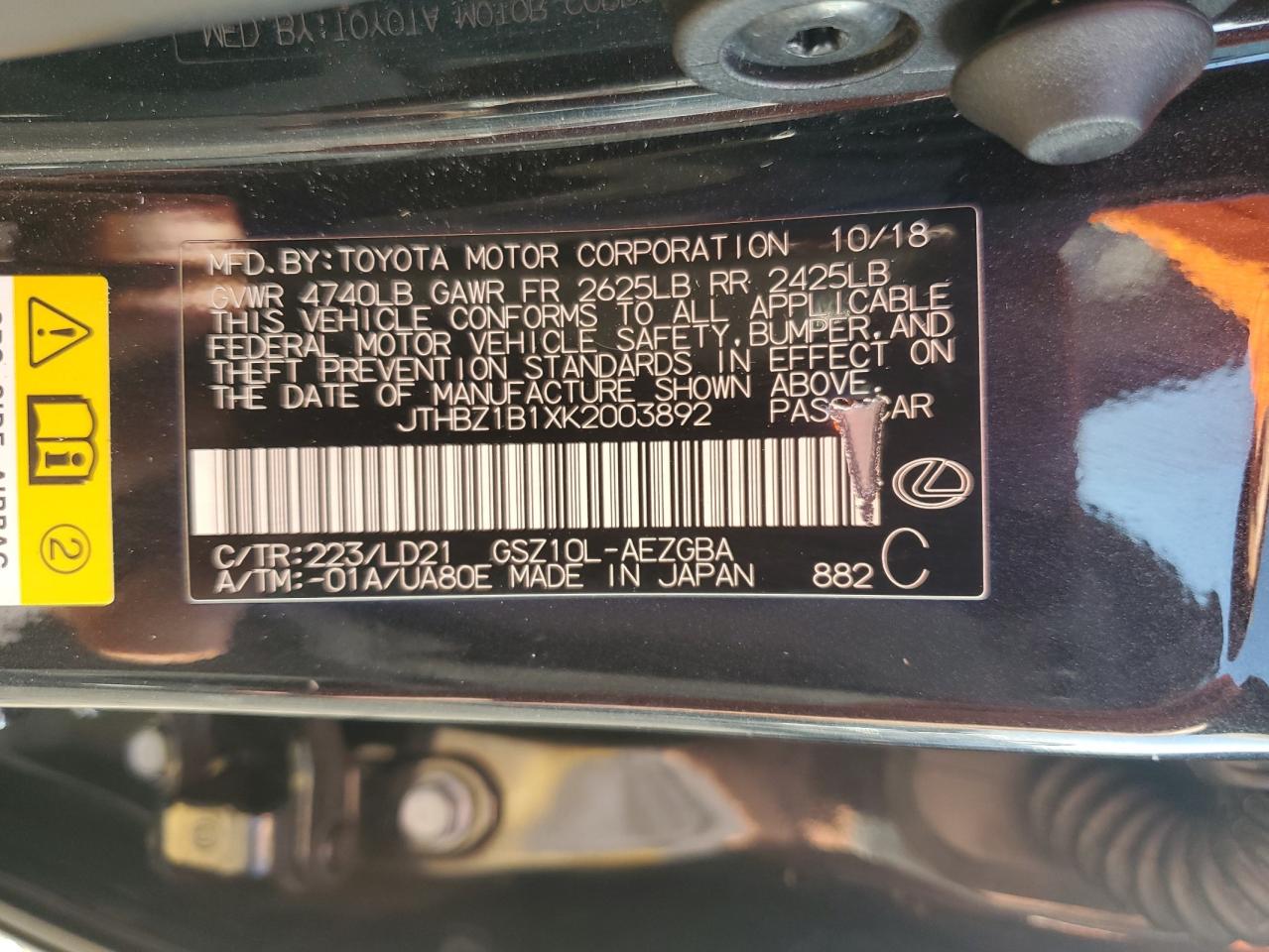 2019 Lexus Es 350 VIN: JTHBZ1B1XK2003892 Lot: 85784885