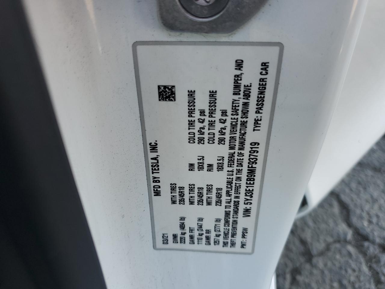 2021 Tesla Model 3 VIN: 5YJ3E1EB9MF937919 Lot: 90336355