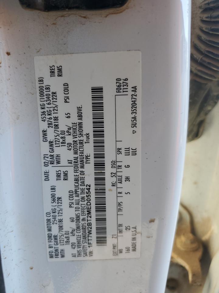 2021 Ford F250 Super Duty VIN: 1FT7W2BT2MED05542 Lot: 85726695