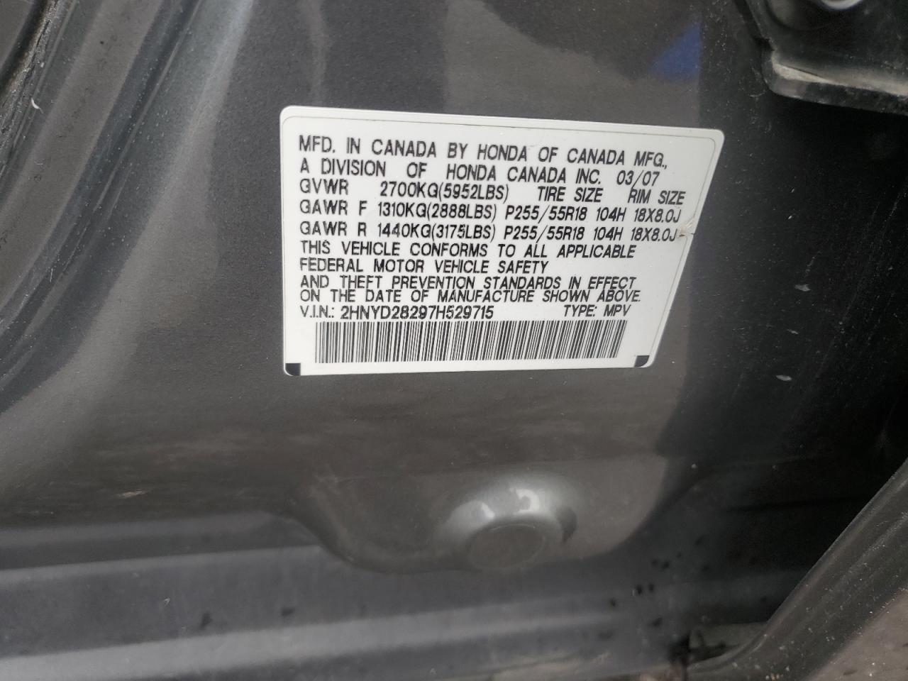 2007 Acura Mdx VIN: 2HNYD28297H529715 Lot: 86262135