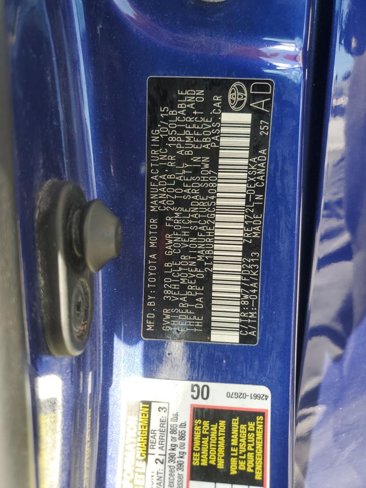 2016 Toyota Corolla L VIN: 2T1BURHE2GC540807 Lot: 85560325