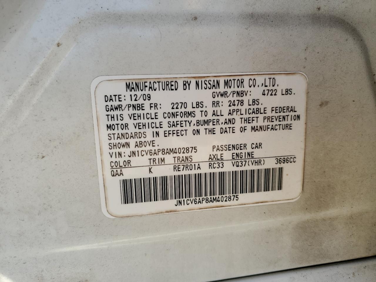 2010 Infiniti G37 Base VIN: JN1CV6AP8AM402875 Lot: 86814525