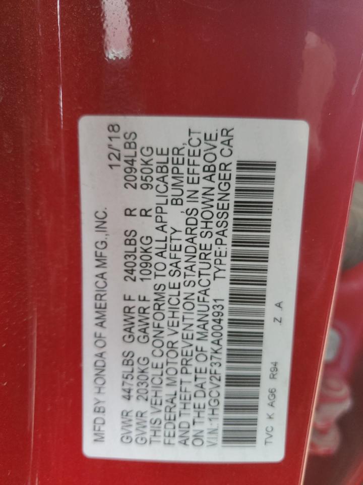 2019 Honda Accord Sport VIN: 1HGCV2F37KA004931 Lot: 85498415