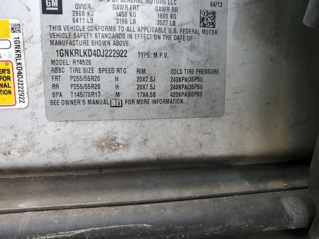 2013 Chevrolet Traverse Ltz VIN: 1GNKRLKD4DJ222922 Lot: 82245255