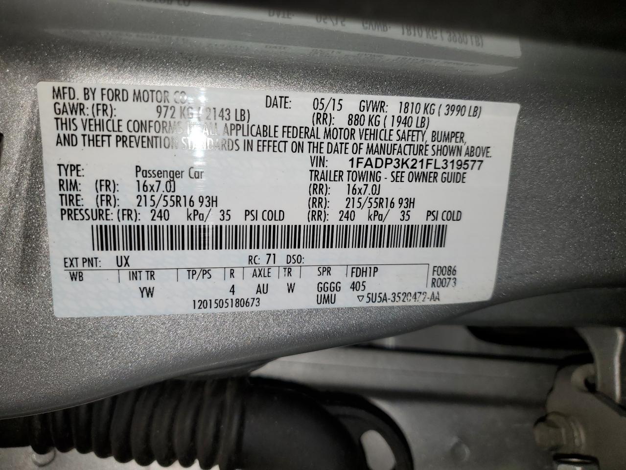 2015 Ford Focus Se VIN: 1FADP3K21FL319577 Lot: 85836025