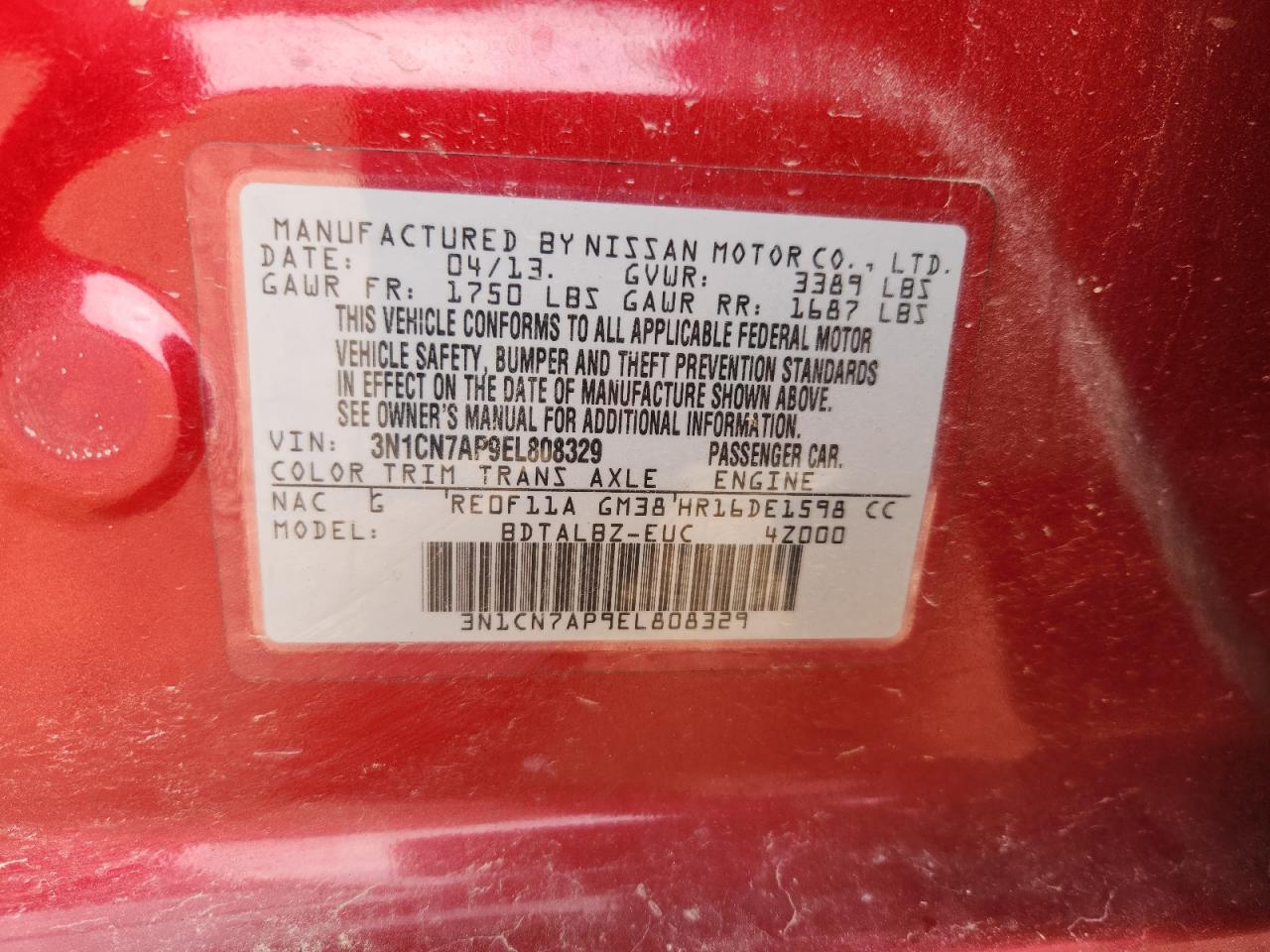 2014 Nissan Versa S VIN: 3N1CN7AP9EL808329 Lot: 85186465