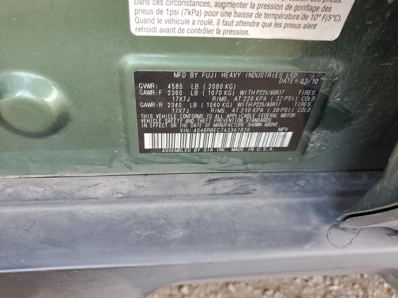 2010 Subaru Outback 2.5I Premium VIN: 4S4BRBEC7A3367826 Lot: 85745615