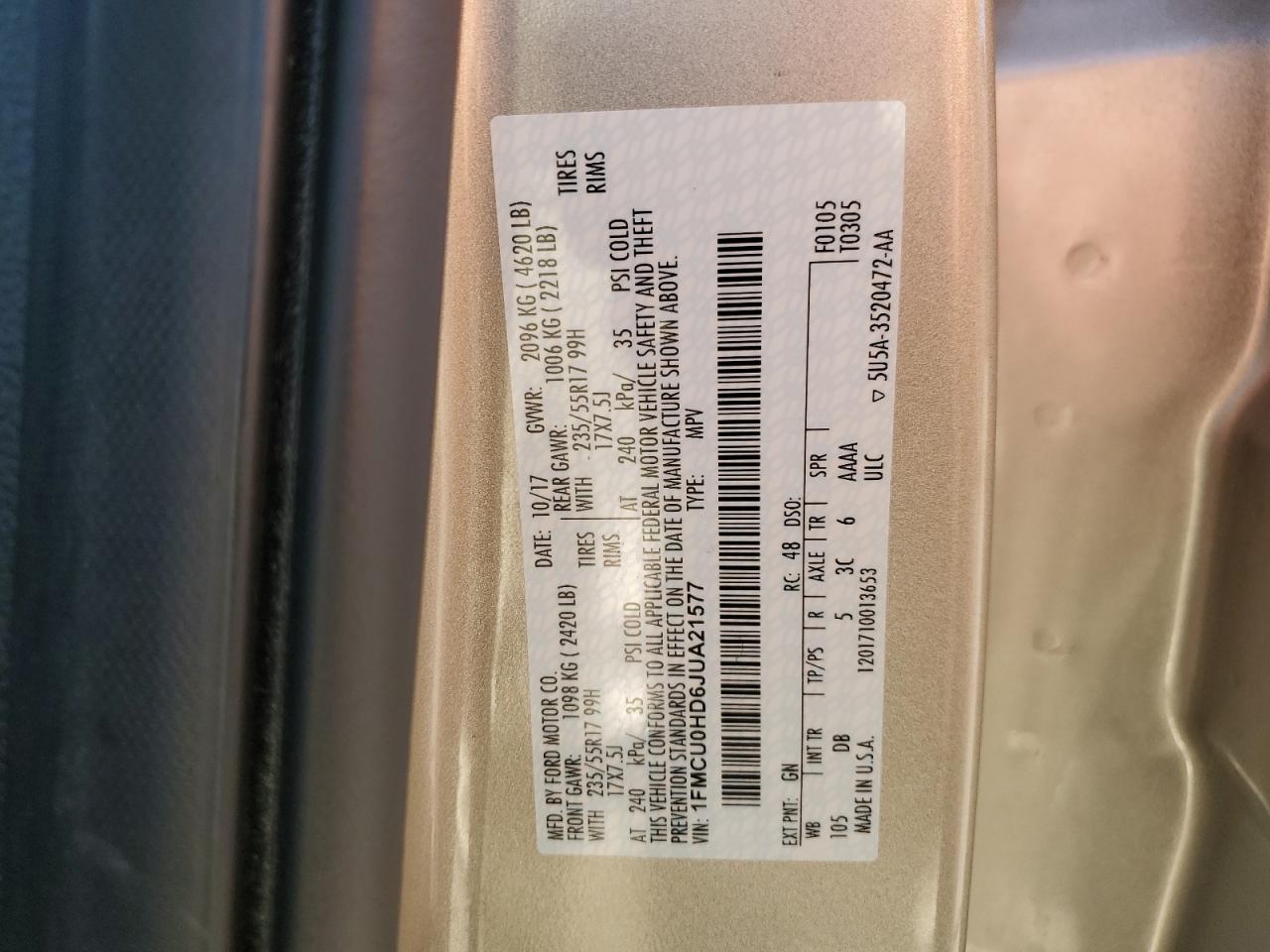 2018 Ford Escape Sel VIN: 1FMCU0HD6JUA21577 Lot: 93389785