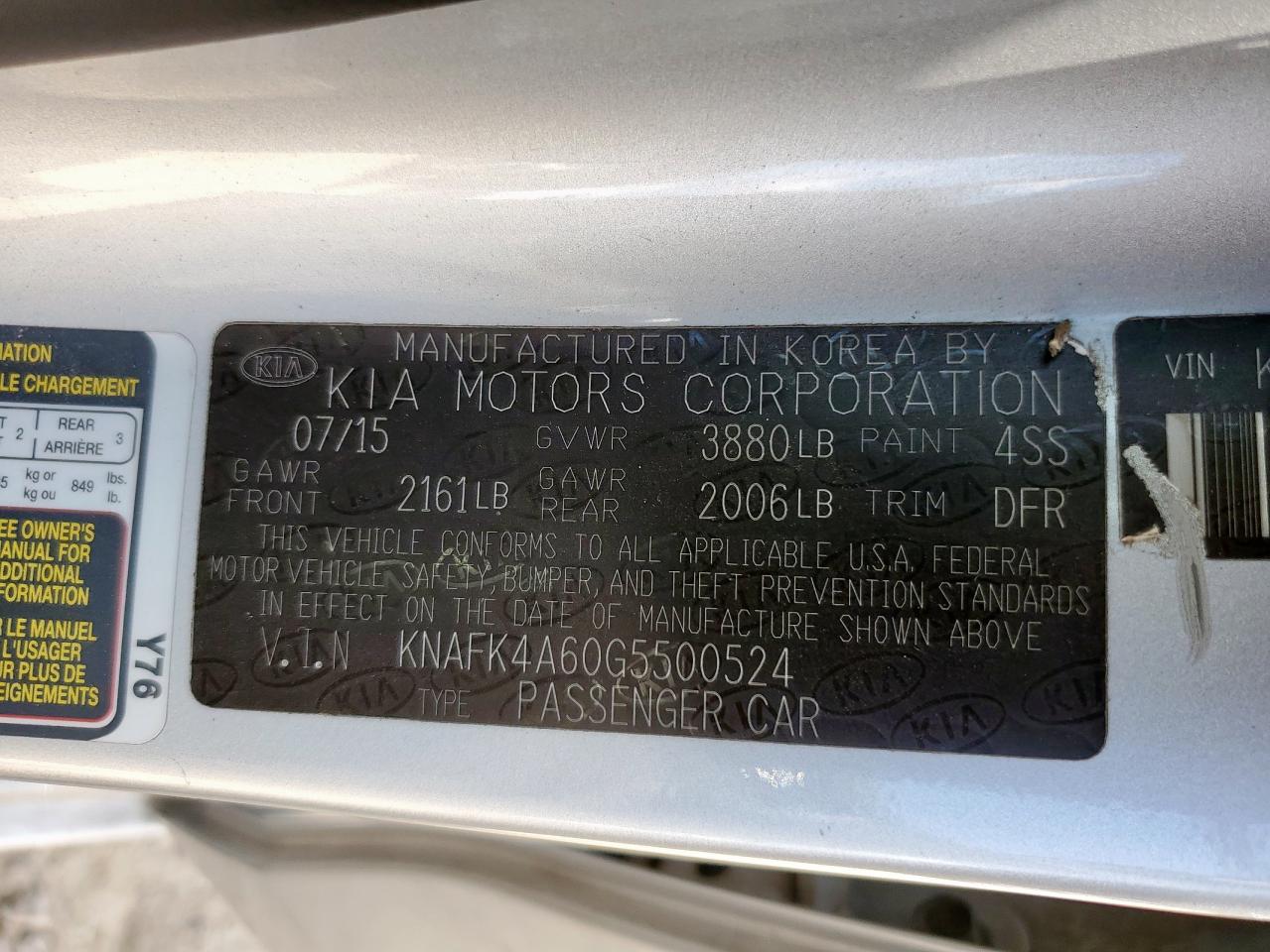 2016 Kia Forte Lx VIN: KNAFK4A60G5500524 Lot: 85865025